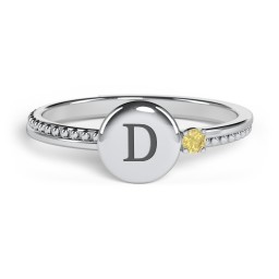 Engravable Disc Ring with Gemstone and Beaded Band in 925 Sterling Silver with Citrine