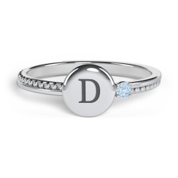 Engravable Disc Ring with Gemstone and Beaded Band in 925 Sterling Silver with Blue Topaz