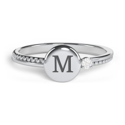 Engravable Disc Ring with Gemstone and Beaded Band in 925 Sterling Silver with Diamond