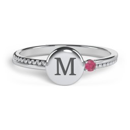 Engravable Disc Ring with Gemstone and Beaded Band in 925 Sterling Silver with Ruby