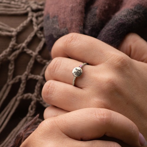 Engravable Disc Ring with Gemstone and Beaded Band – Sterling Silver with Blue Topaz
