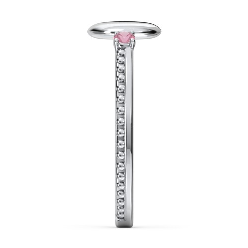 Engravable Disc Ring with Gemstone and Beaded Band – Sterling Silver with Pink Tourmaline