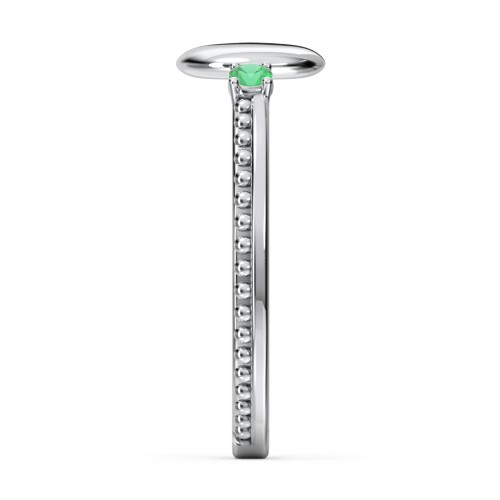 Engravable Disc Ring with Gemstone and Beaded Band – Sterling Silver with Emerald