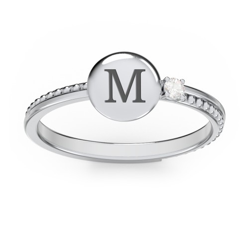 Engravable Disc Ring with Gemstone and Beaded Band – Sterling Silver with Cubic Zirconia