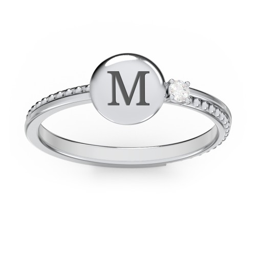 Engravable Disc Ring with Gemstone and Beaded Band – Sterling Silver with Diamond