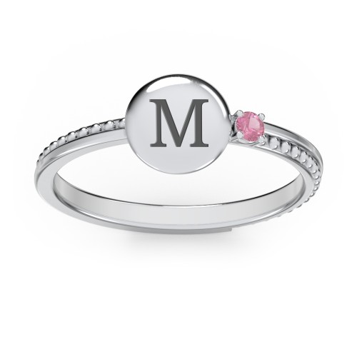 Engravable Disc Ring with Gemstone and Beaded Band – Sterling Silver with Pink Tourmaline