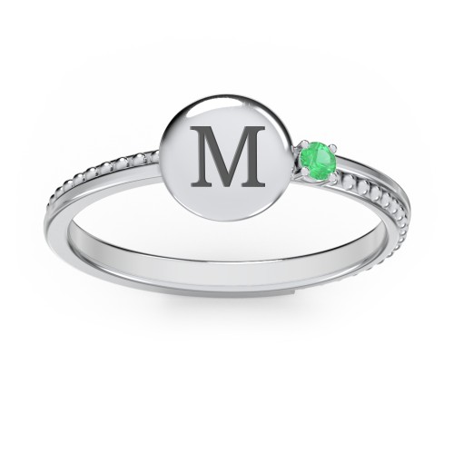 Engravable Disc Ring with Gemstone and Beaded Band – Sterling Silver with Emerald