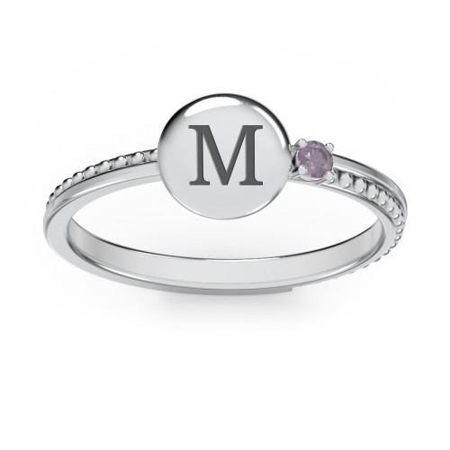 Engravable Disc Ring with Gemstone and Beaded Band – Sterling Silver with Alexandrite