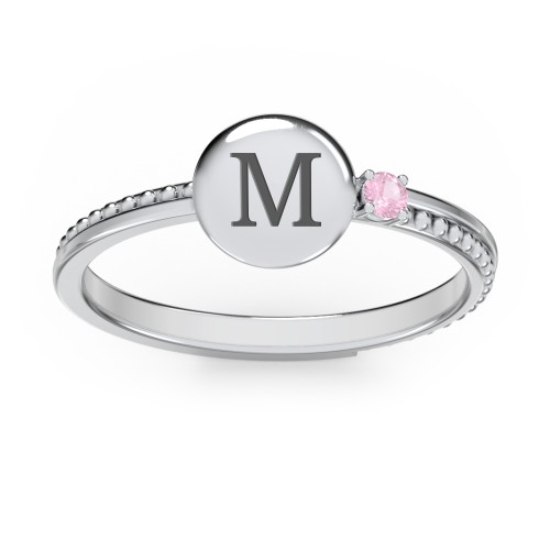 Engravable Disc Ring with Gemstone and Beaded Band – Sterling Silver with Pink Tourmaline