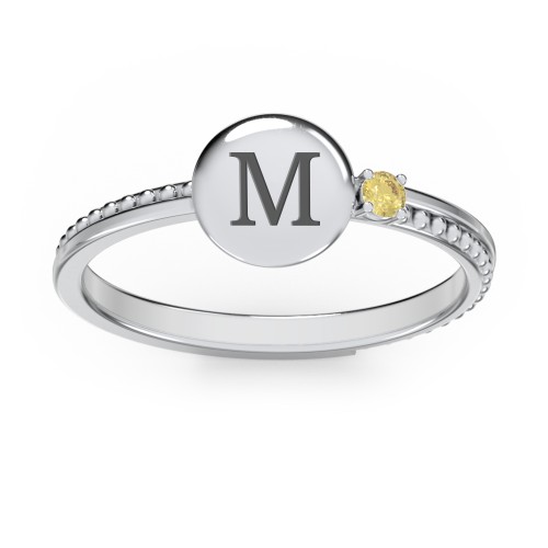 Engravable Disc Ring with Gemstone and Beaded Band – Sterling Silver with Citrine
