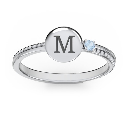 Engravable Disc Ring with Gemstone and Beaded Band – Sterling Silver with Blue Topaz