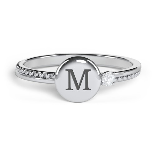 Engravable Disc Ring with Gemstone and Beaded Band – Sterling Silver with Aquamarine