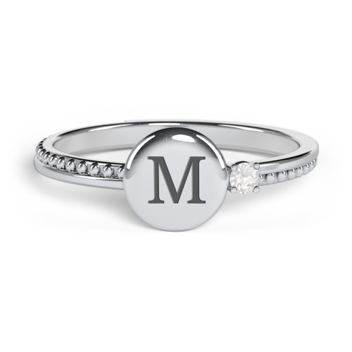 Engravable Disc Ring with Gemstone and Beaded Band – Sterling Silver with Cubic Zirconia