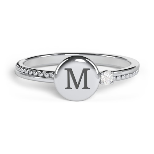 Engravable Disc Ring with Gemstone and Beaded Band – Sterling Silver with Diamond