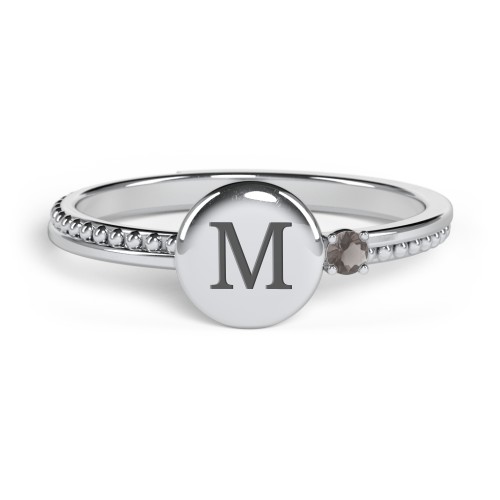 Engravable Disc Ring with Gemstone and Beaded Band – Sterling Silver with Smokey Quartz