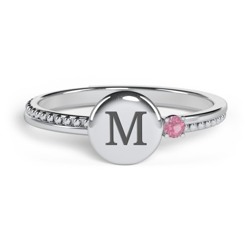 Engravable Disc Ring with Gemstone and Beaded Band – Sterling Silver with Pink Tourmaline