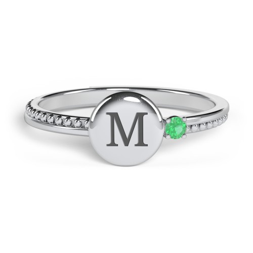 Engravable Disc Ring with Gemstone and Beaded Band – Sterling Silver with Emerald