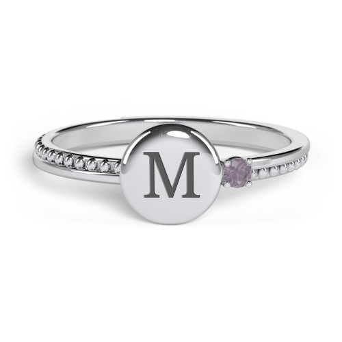 Engravable Disc Ring with Gemstone and Beaded Band – Sterling Silver with Alexandrite