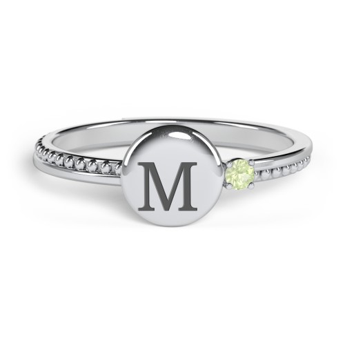 Engravable Disc Ring with Gemstone and Beaded Band – Sterling Silver with Peridot