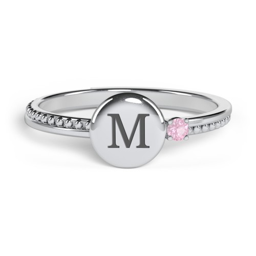 Engravable Disc Ring with Gemstone and Beaded Band – Sterling Silver with Pink Tourmaline