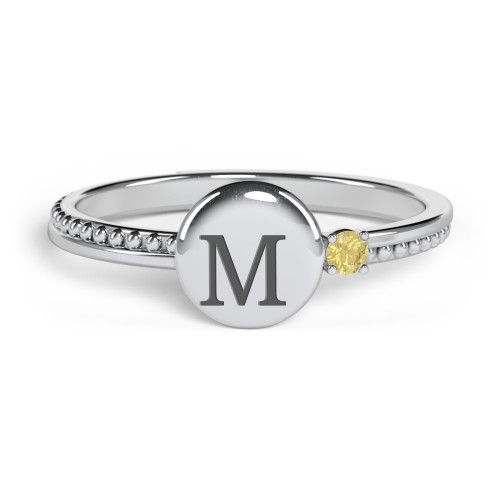Engravable Disc Ring with Gemstone and Beaded Band – Sterling Silver with Citrine