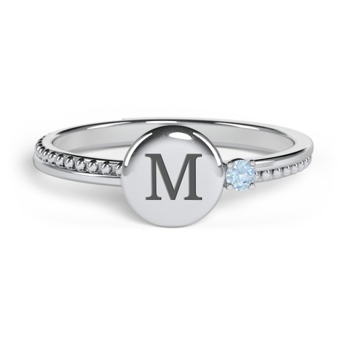 Engravable Disc Ring with Gemstone and Beaded Band – Sterling Silver with Blue Topaz