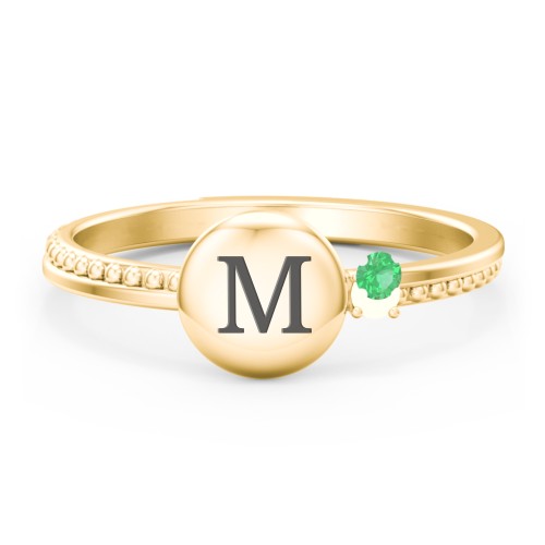 Engravable Disc Ring with Gemstone and Beaded Band – 10K Yellow Gold with Emerald