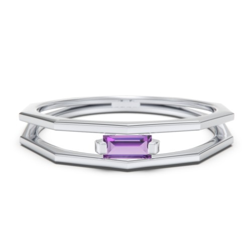 Faceted Double Band with Baguette Stone – Sterling Silver with Amethyst