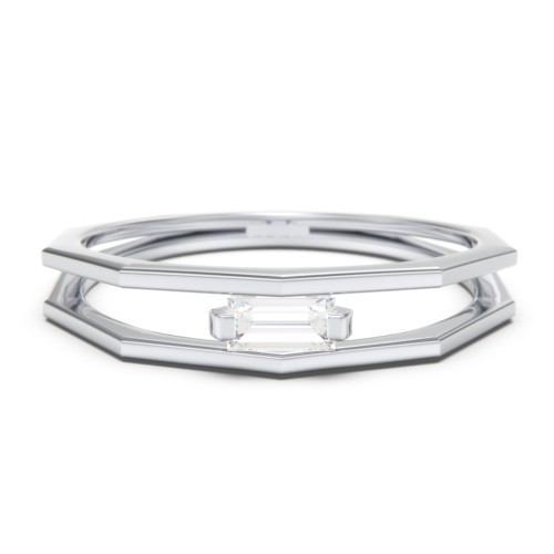 Faceted Double Band with Baguette Stone – Sterling Silver with Diamond