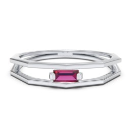 Faceted Double Band with Baguette Stone in 925 Sterling Silver with Ruby