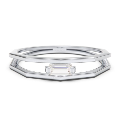 Faceted Double Band with Baguette Stone – Sterling Silver with Cubic Zirconia