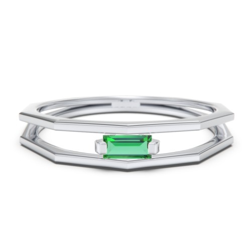 Faceted Double Band with Baguette Stone – Sterling Silver with Emerald