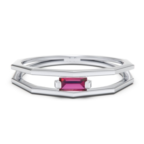 Faceted Double Band with Baguette Stone – Sterling Silver with Ruby