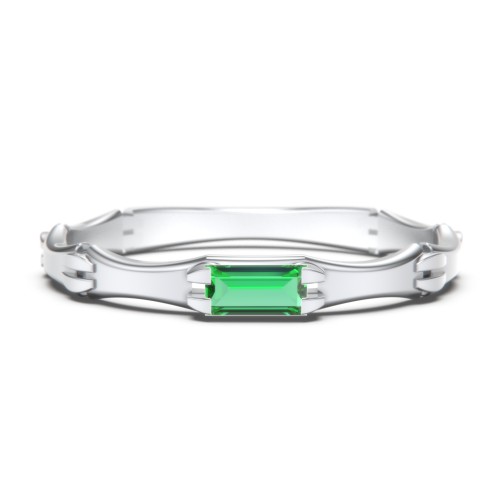 East-West Stackable Baguette Ring with Hinged Texture – Sterling Silver with Emerald