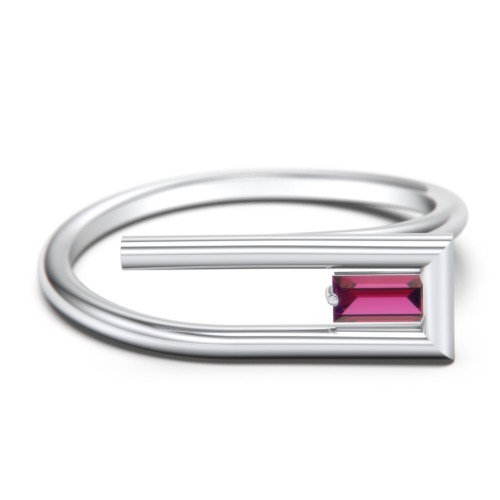 Geometric Wire Ring with East-West Baguette Gemstone – Sterling Silver with Ruby