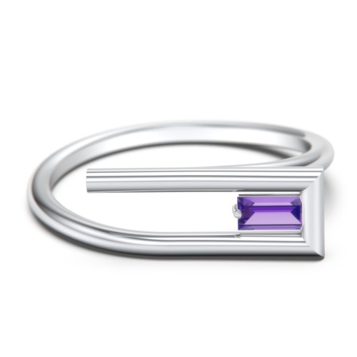 Geometric Wire Ring with East-West Baguette Gemstone – 10K White Gold with Amethyst