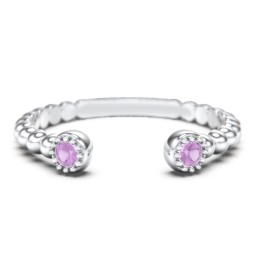 Beaded Ball Open Cuff Ring with Gemstones in 925 Sterling Silver with Amethyst