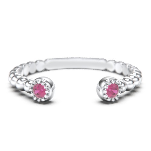 Beaded Ball Open Cuff Ring with Gemstones – Sterling Silver with Ruby