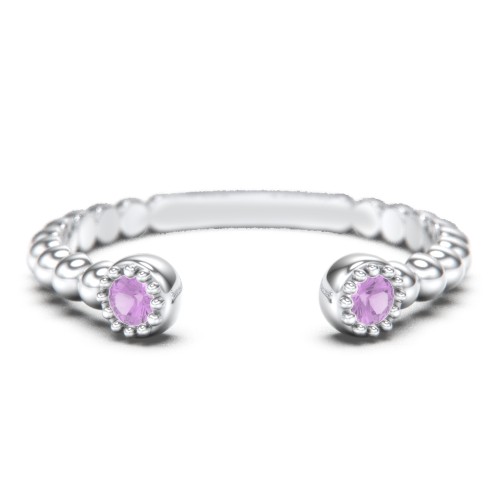 Beaded Ball Open Cuff Ring with Gemstones – Sterling Silver with Amethyst
