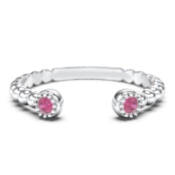 Beaded Ball Open Cuff Ring with Gemstones in 925 Sterling Silver with Ruby