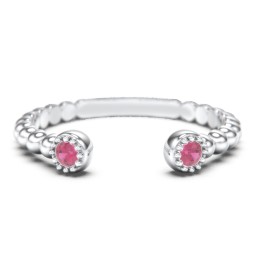 Beaded Ball Open Cuff Ring with Gemstones in 925 Sterling Silver with Ruby