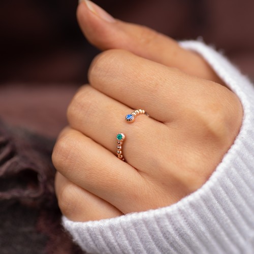 Beaded Ball Open Cuff Ring with Gemstones – Sterling Silver with Opal