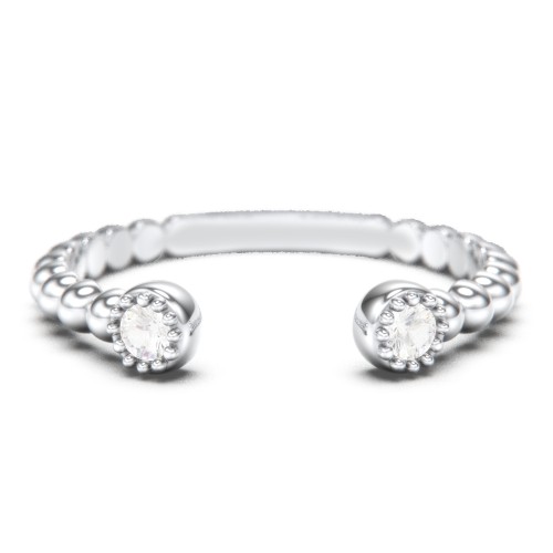 Beaded Ball Open Cuff Ring with Gemstones – Sterling Silver with Cubic Zirconia