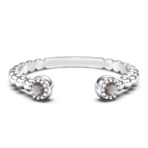 Beaded Ball Open Cuff Ring with Gemstones – Sterling Silver with Smokey Quartz