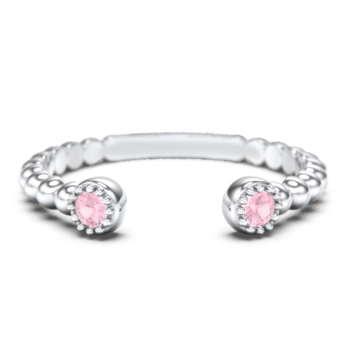 Beaded Ball Open Cuff Ring with Gemstones – Sterling Silver with Pink Tourmaline