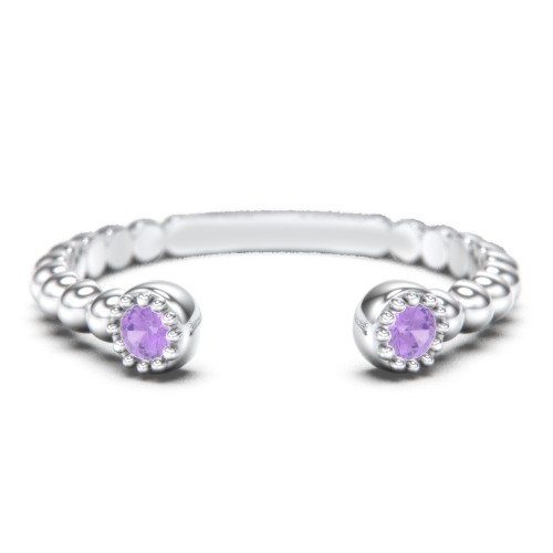 Beaded Ball Open Cuff Ring with Gemstones – Sterling Silver with Amethyst