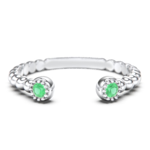 Beaded Ball Open Cuff Ring with Gemstones – Sterling Silver with Emerald
