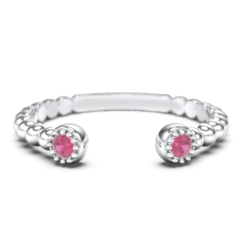 Beaded Ball Open Cuff Ring with Gemstones – Sterling Silver with Ruby