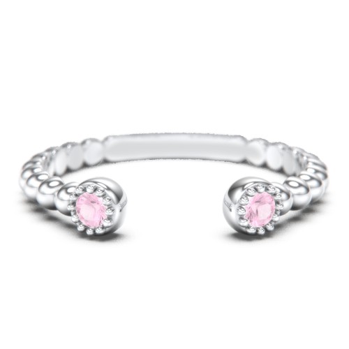 Beaded Ball Open Cuff Ring with Gemstones – Sterling Silver with Pink Tourmaline