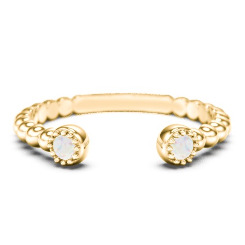 Beaded Ball Open Cuff Ring with Gemstones – 10K Yellow Gold with Opal